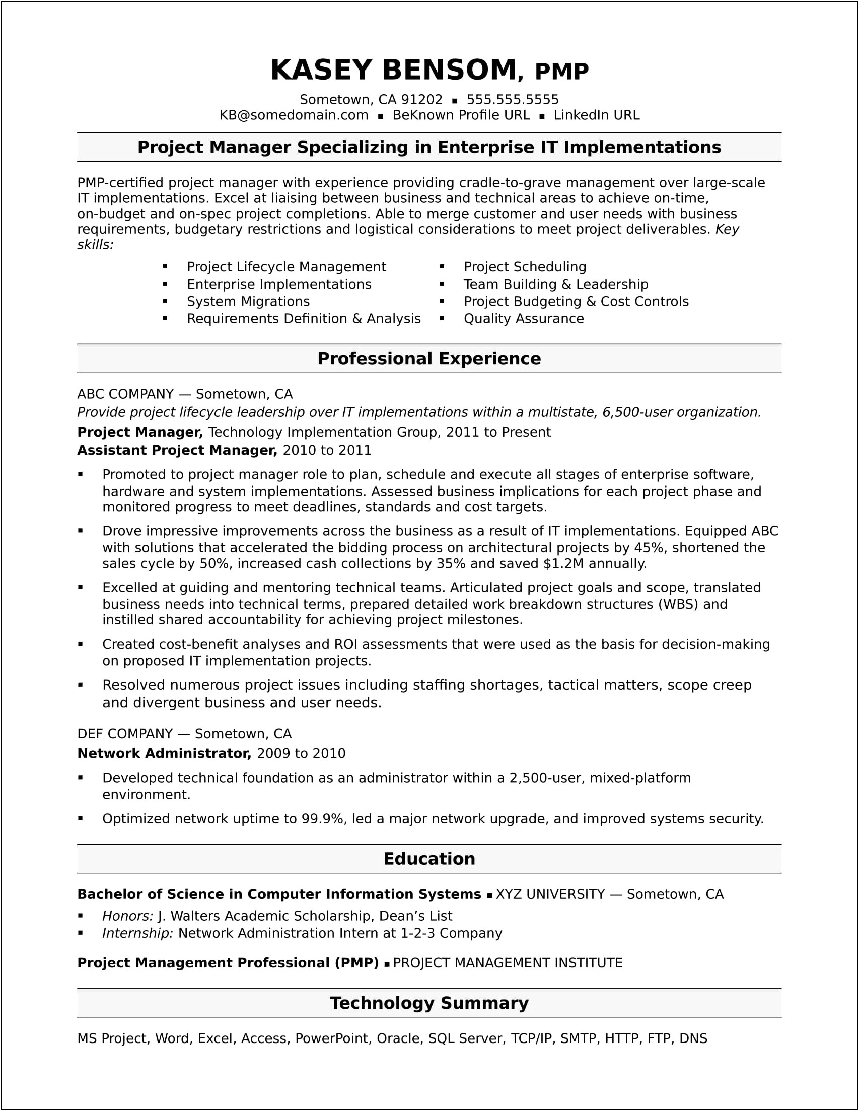 Sample Resume Profile For It Professional