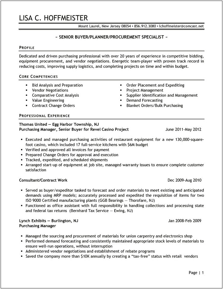 Sample Resume Purchase Manager Construction Company