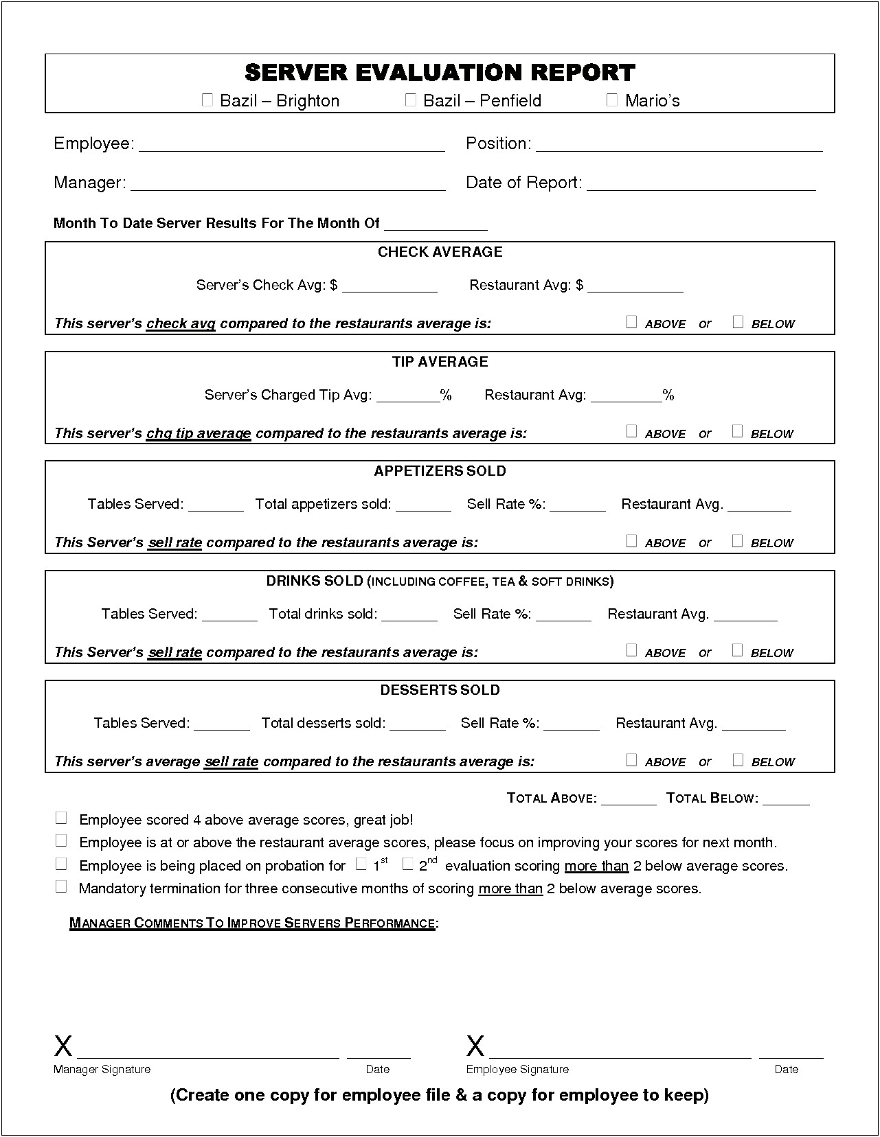 Sample Resume Restaurant Server Evaluation Form