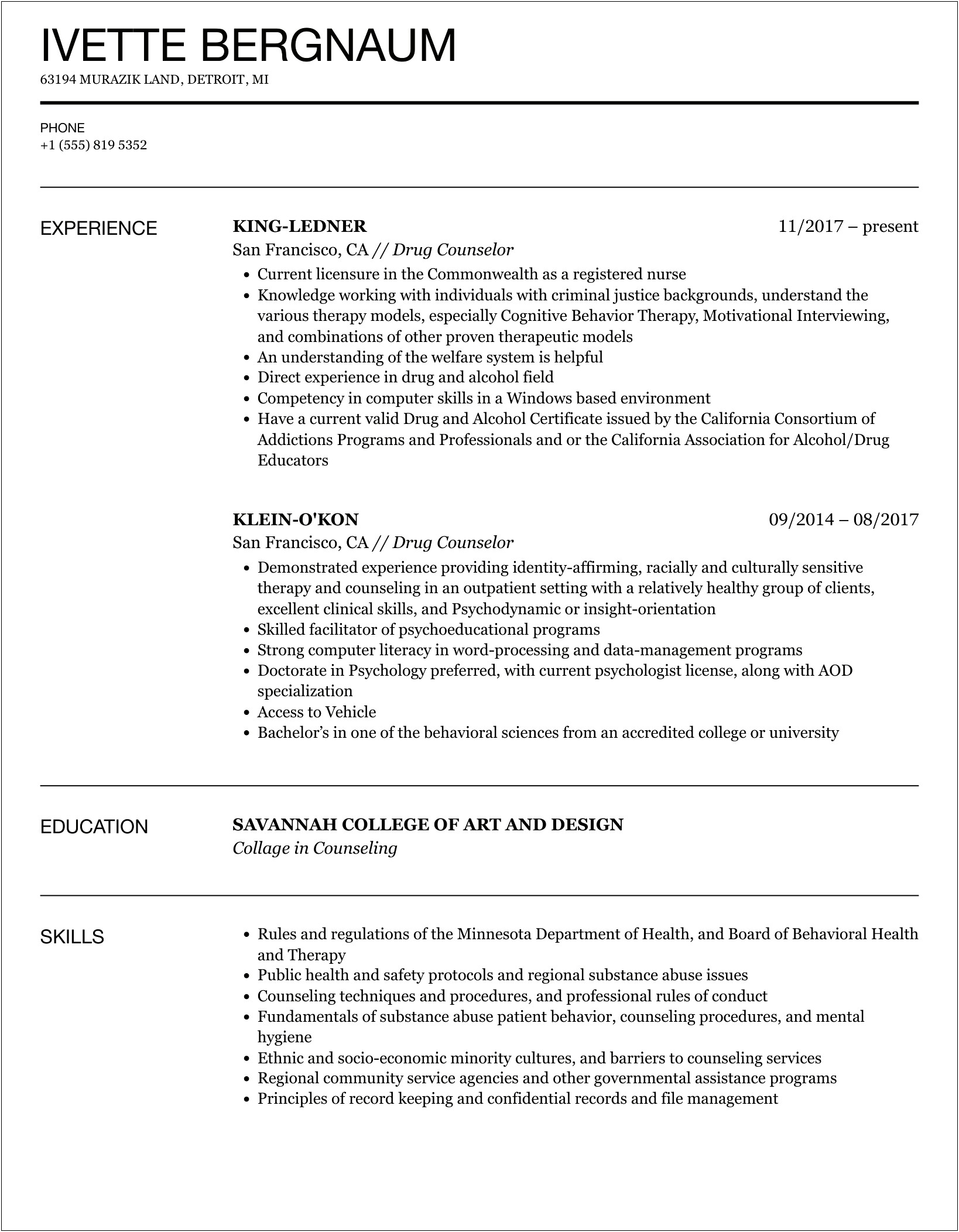 Sample Resume Summary For Addiction Counselor