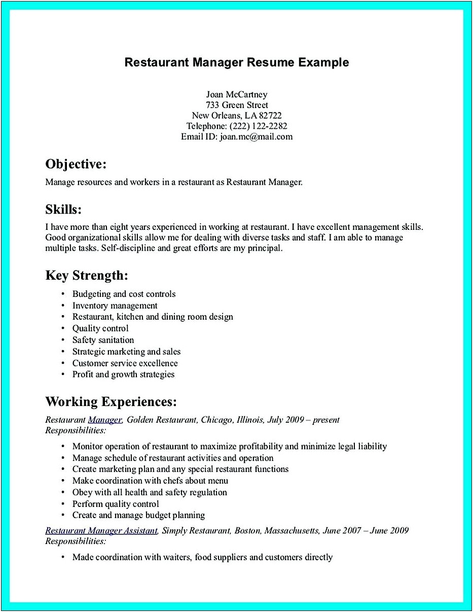 Sample Resume Summary For Restaurant Server & Bartender