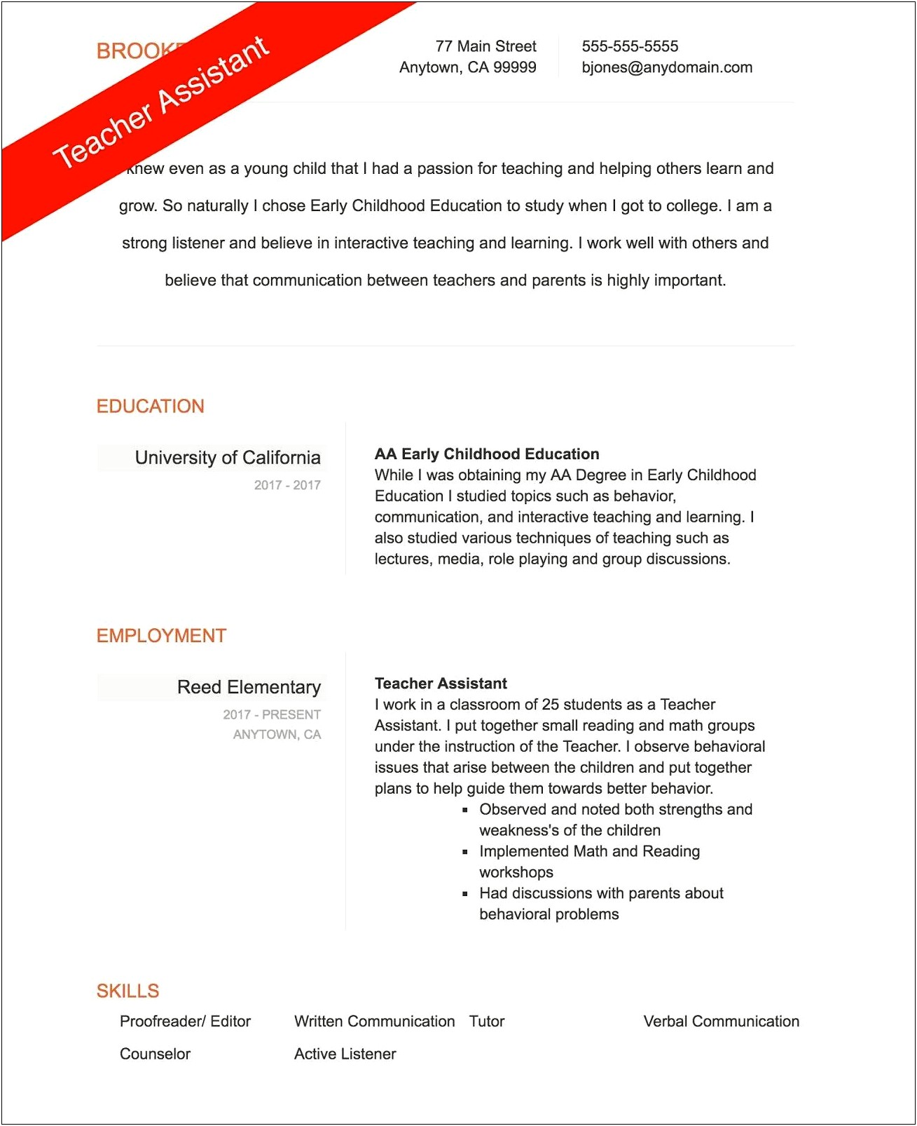 Sample Resume Teacher Assistant No Experience