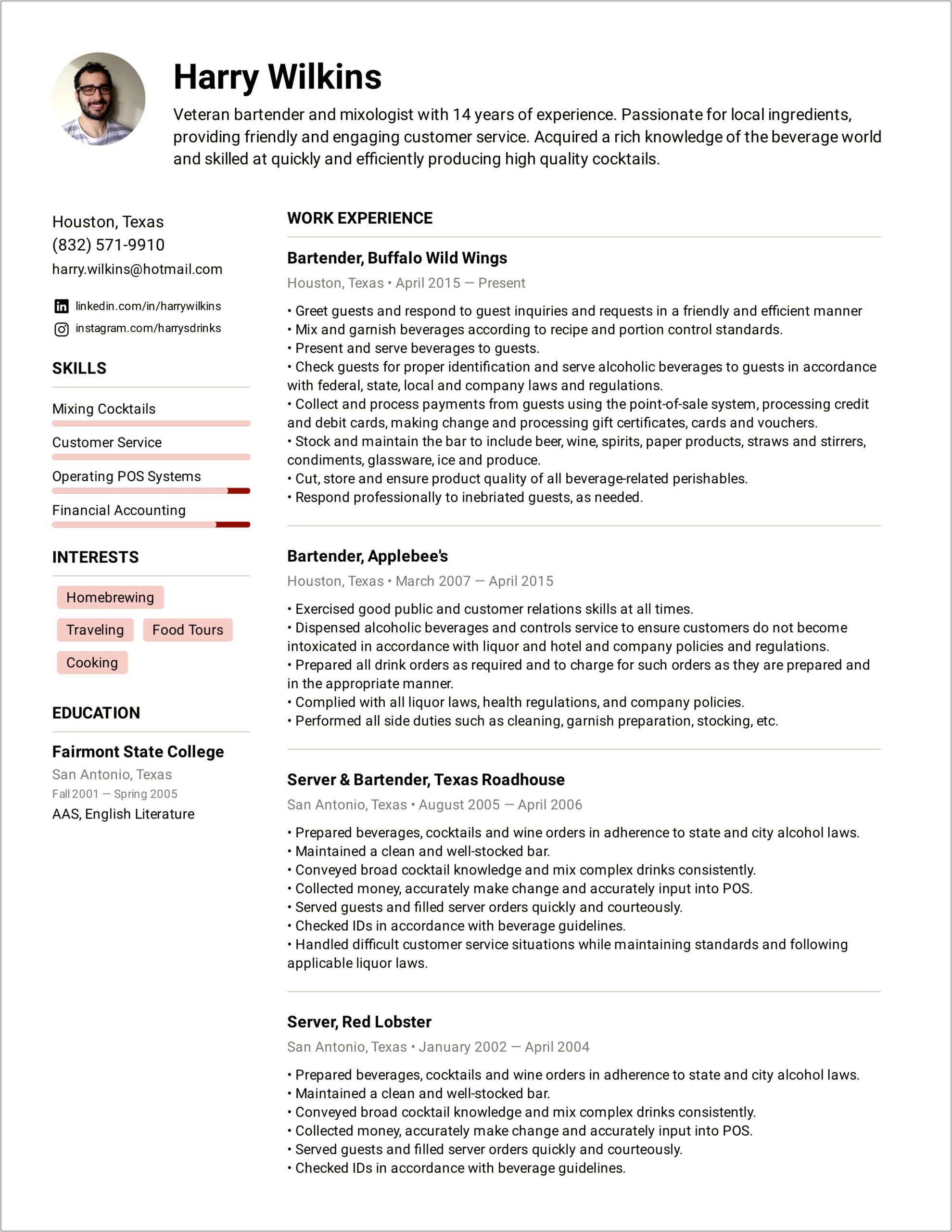 Sample Resume Template For Waitress Server Bartend