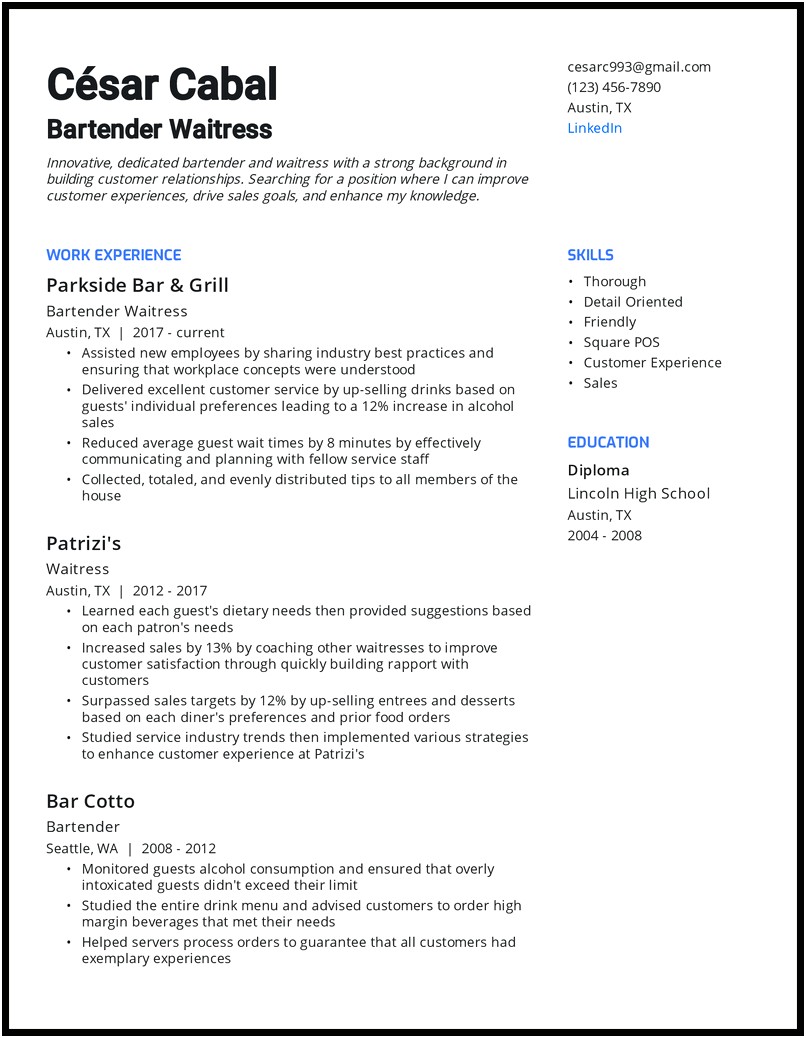 Sample Resume Template For Waitress Server Bartender
