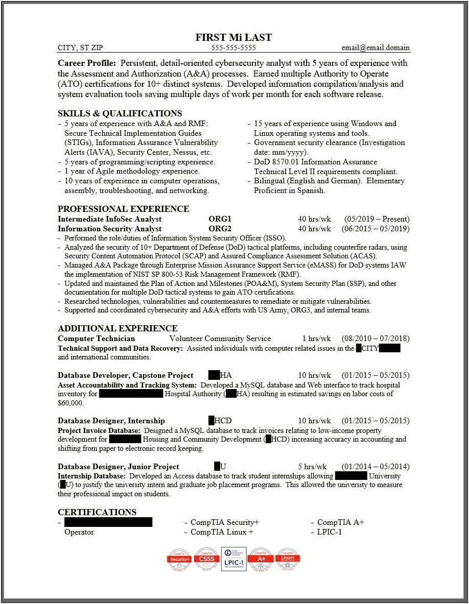 Sample Resume With Comp Tia Security Credentials