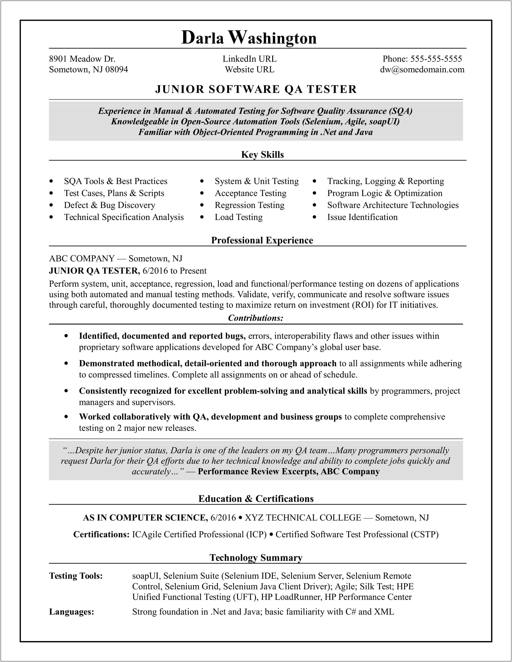 Sample Resume With Manual Testing Experience