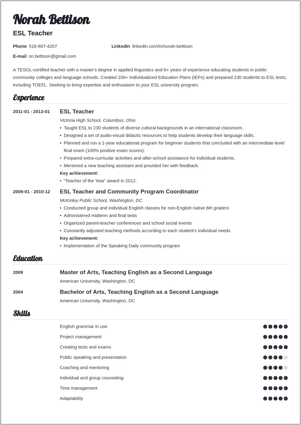Sample Resume With Objectives For Teachers