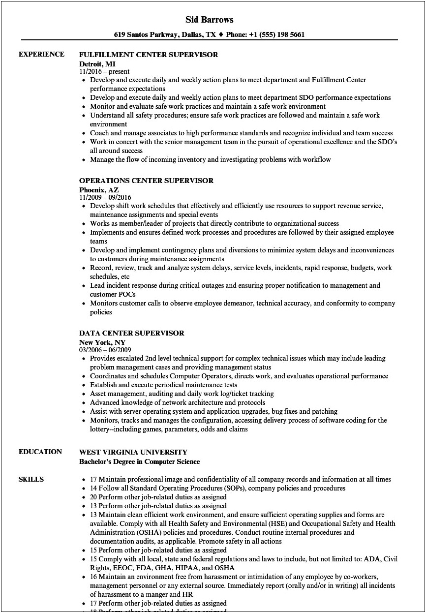 Sample Resume With Supervisor Contact Info