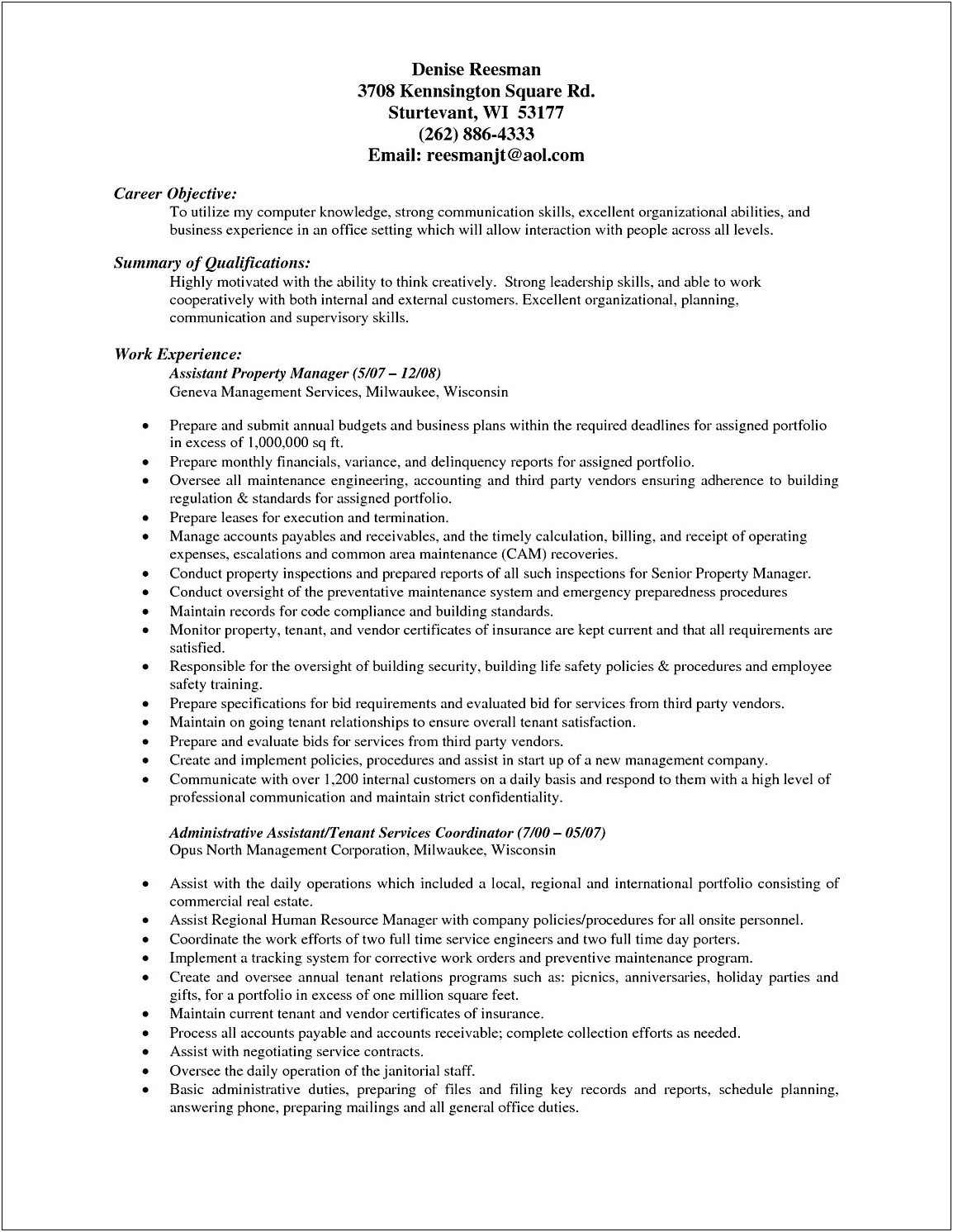 Sample Resumes Foe Assistant Property Manager