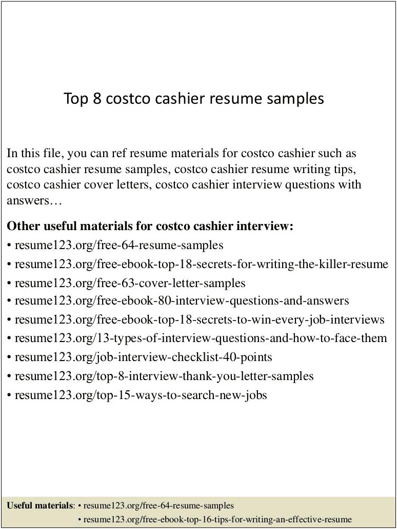 Sample Resumes For A Costco Job