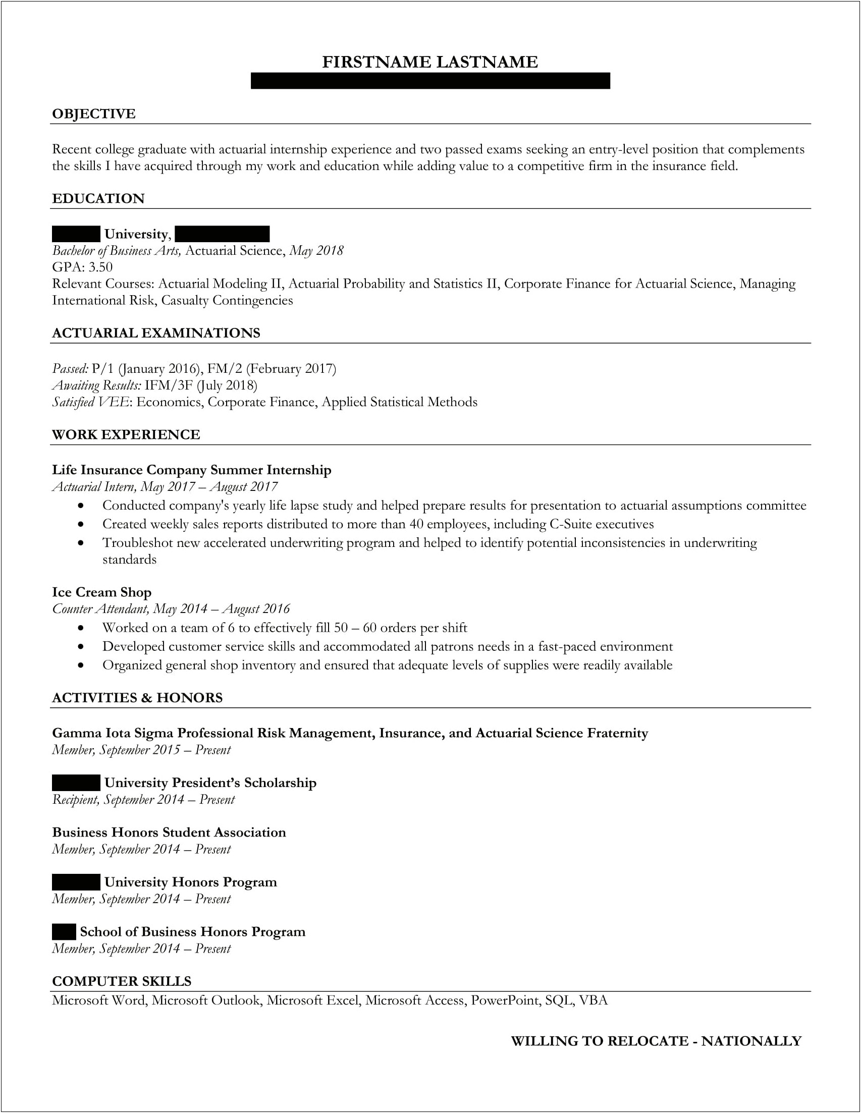 Sample Resumes For Actuarial Entry Level