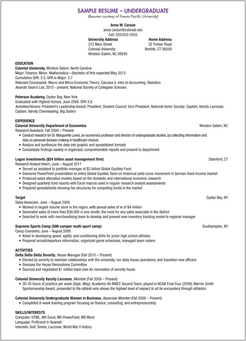 Sample Resumes For College Academic Awards