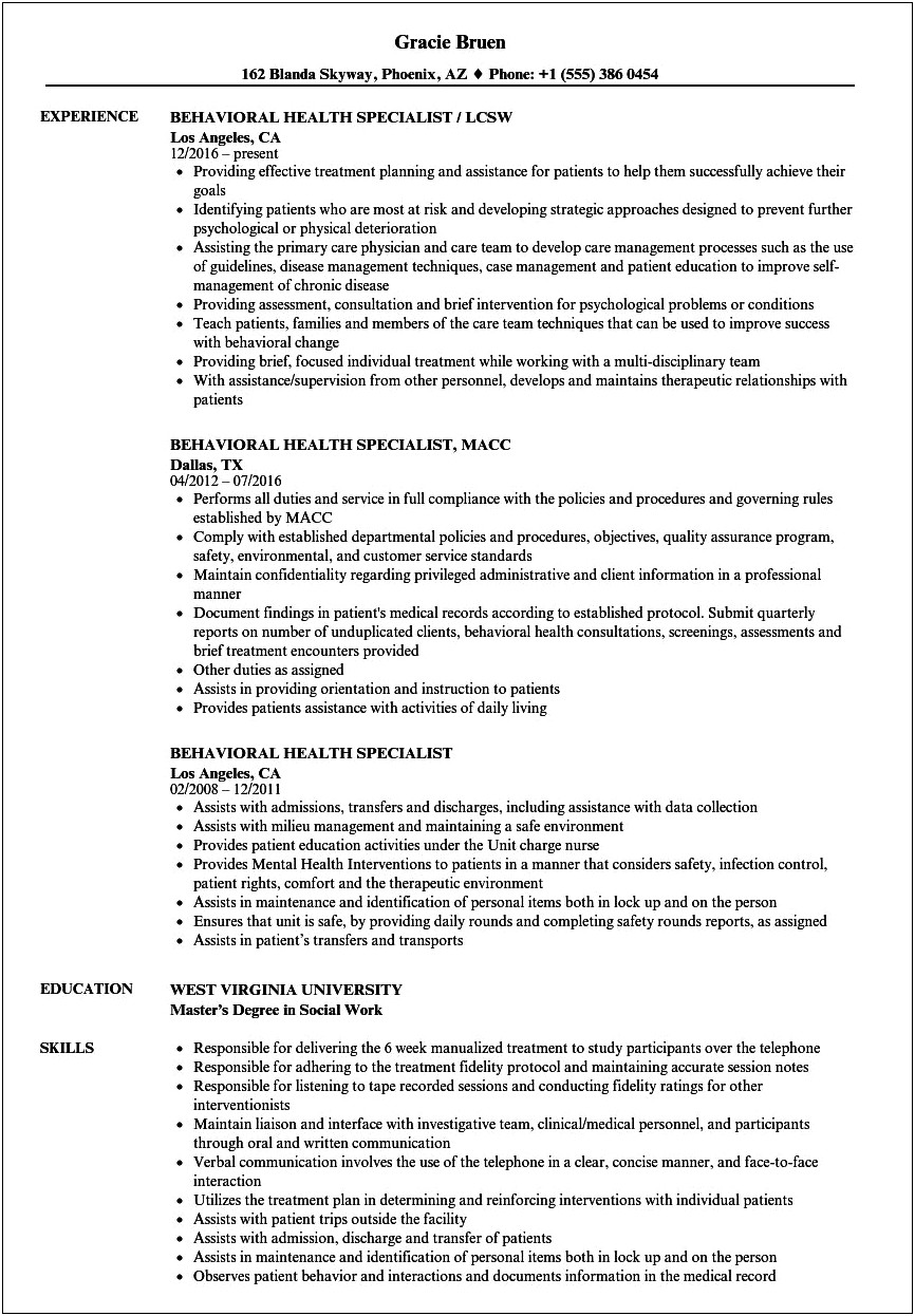 Sample Resumes For Mental Health Professionals