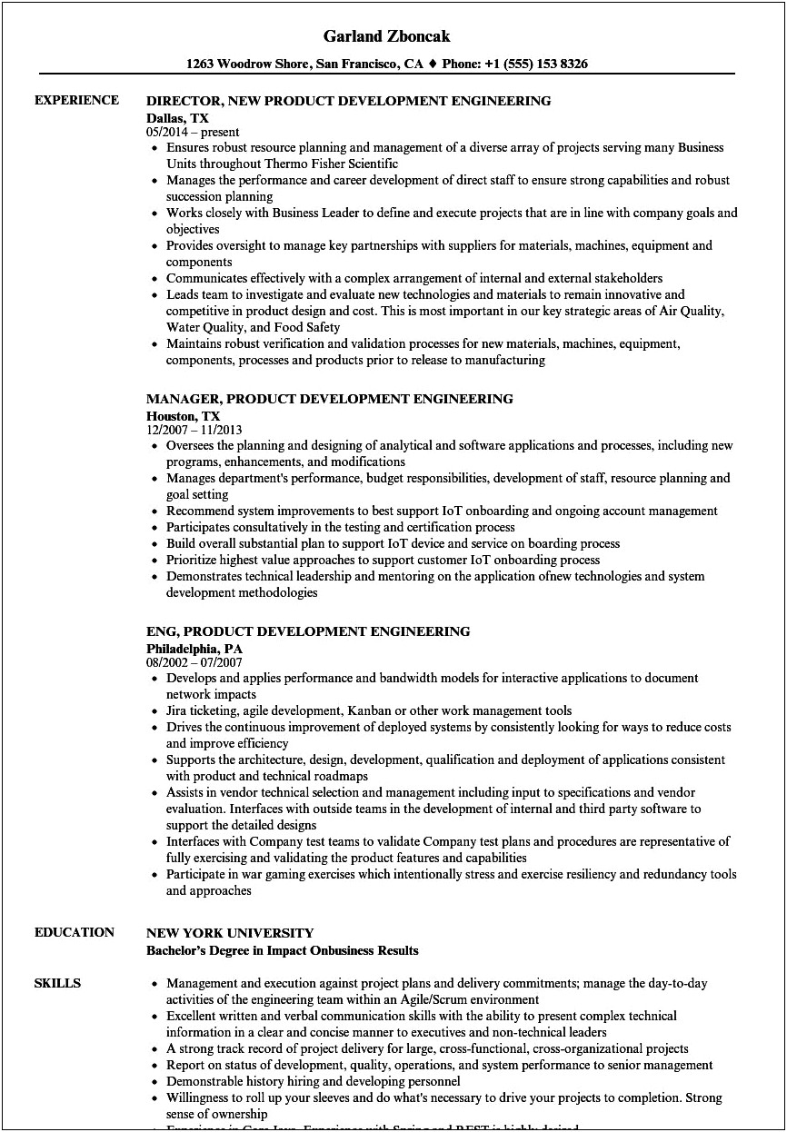 Sample Resumes For New Product Development Engineer