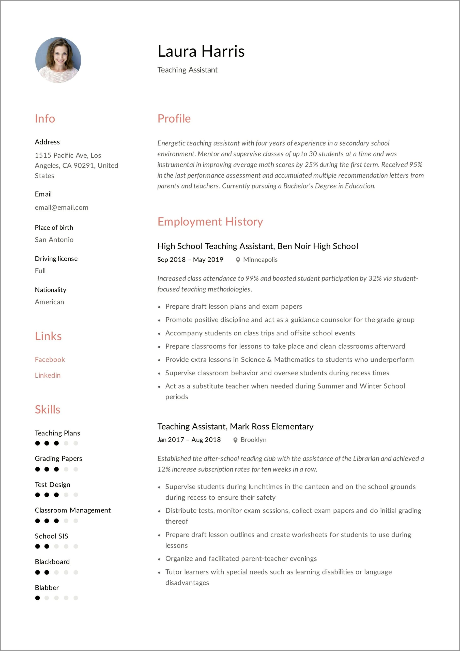 Sample Resumes For Teaching Assistant Positions