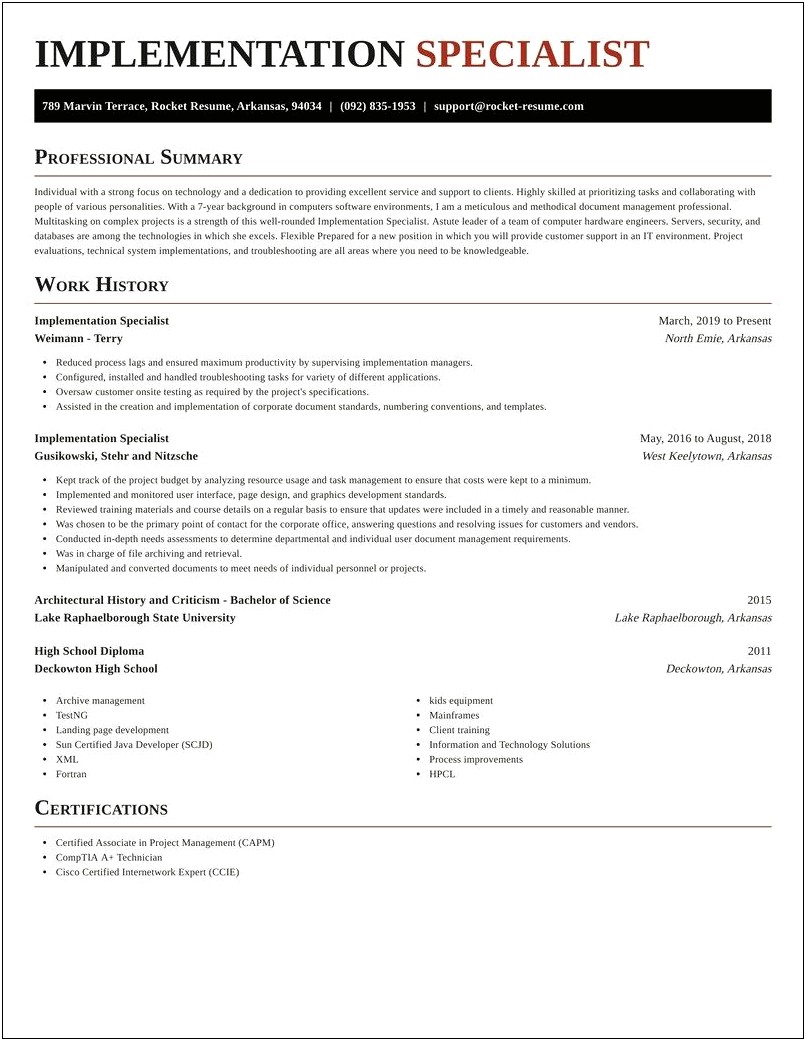 Sample Resumes Of Implementation Specialist
