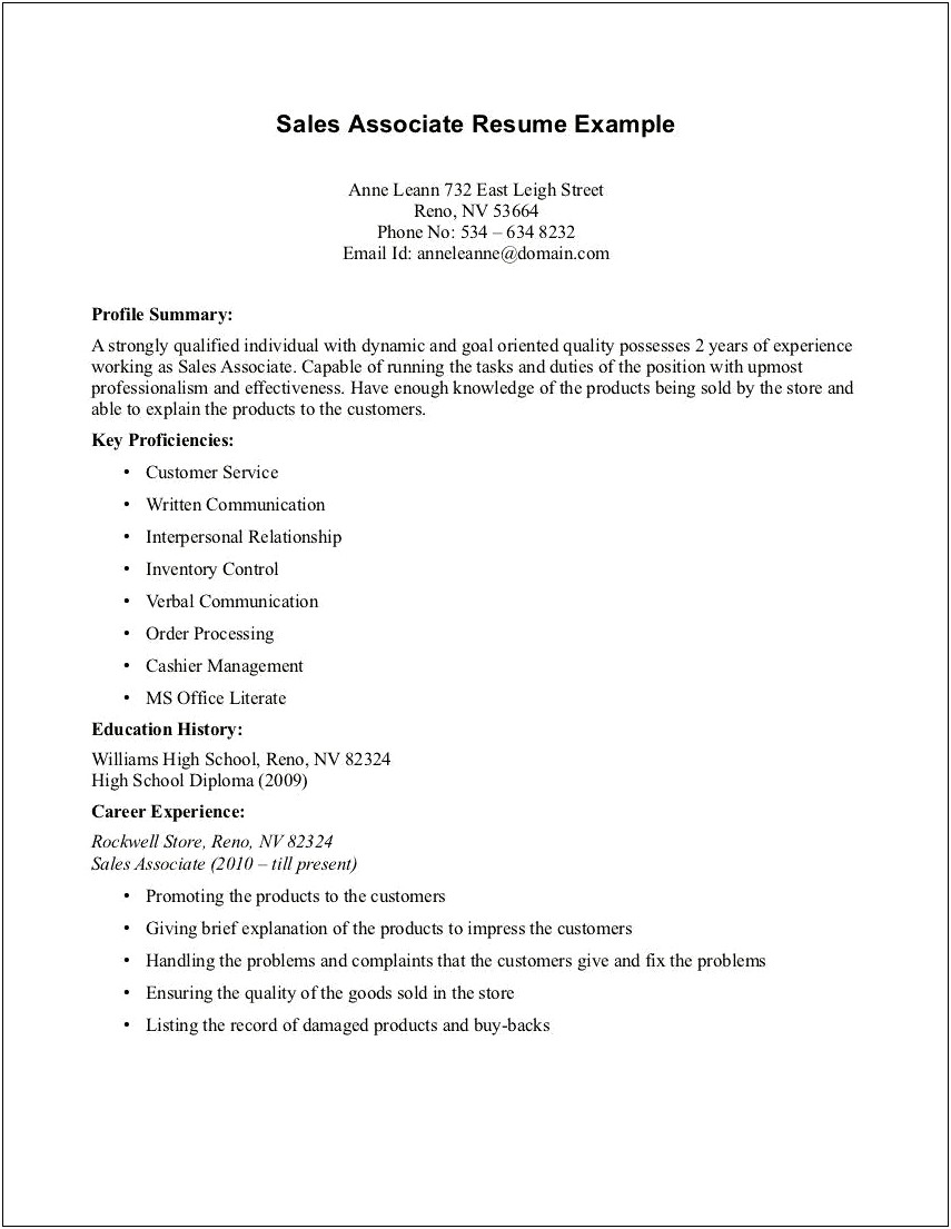 Sample Retail Sales Associate Resume With No Experience
