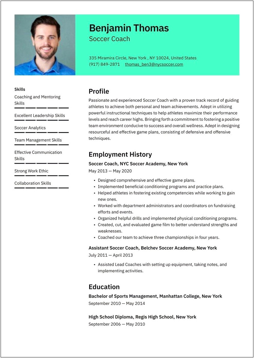 Sample Soccer Resume For College Coaches