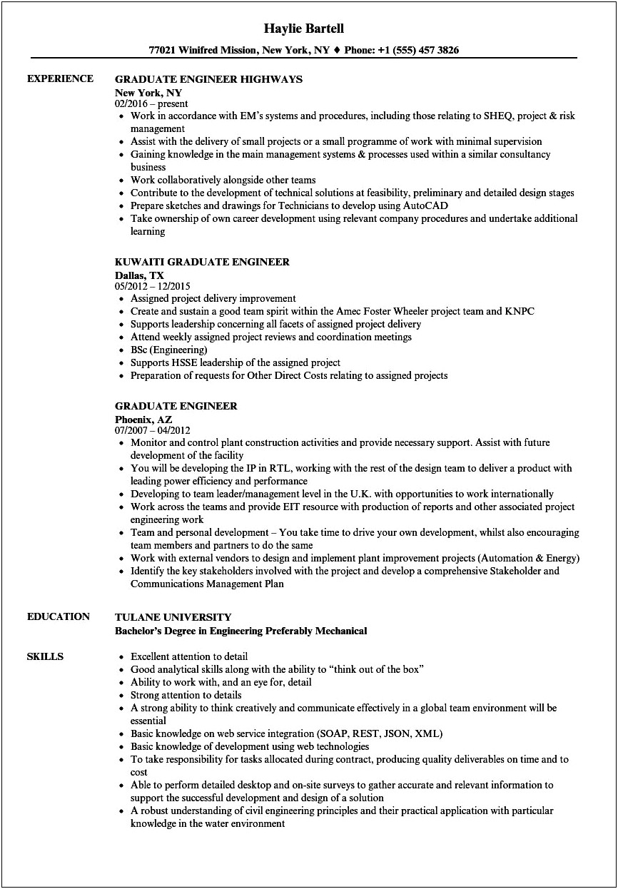 Sample Summary For New Grad Resume Engineer