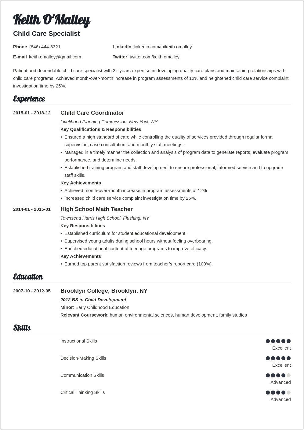 Sample Summary Of A Child Care Resume