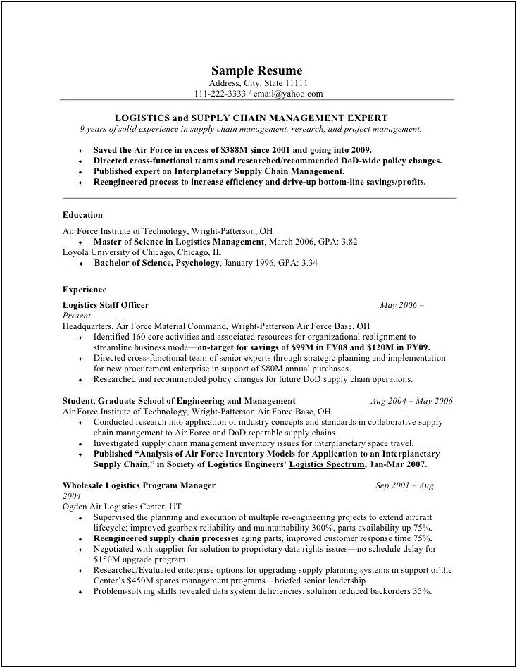 Sample Targeted Resume Defence Contactor