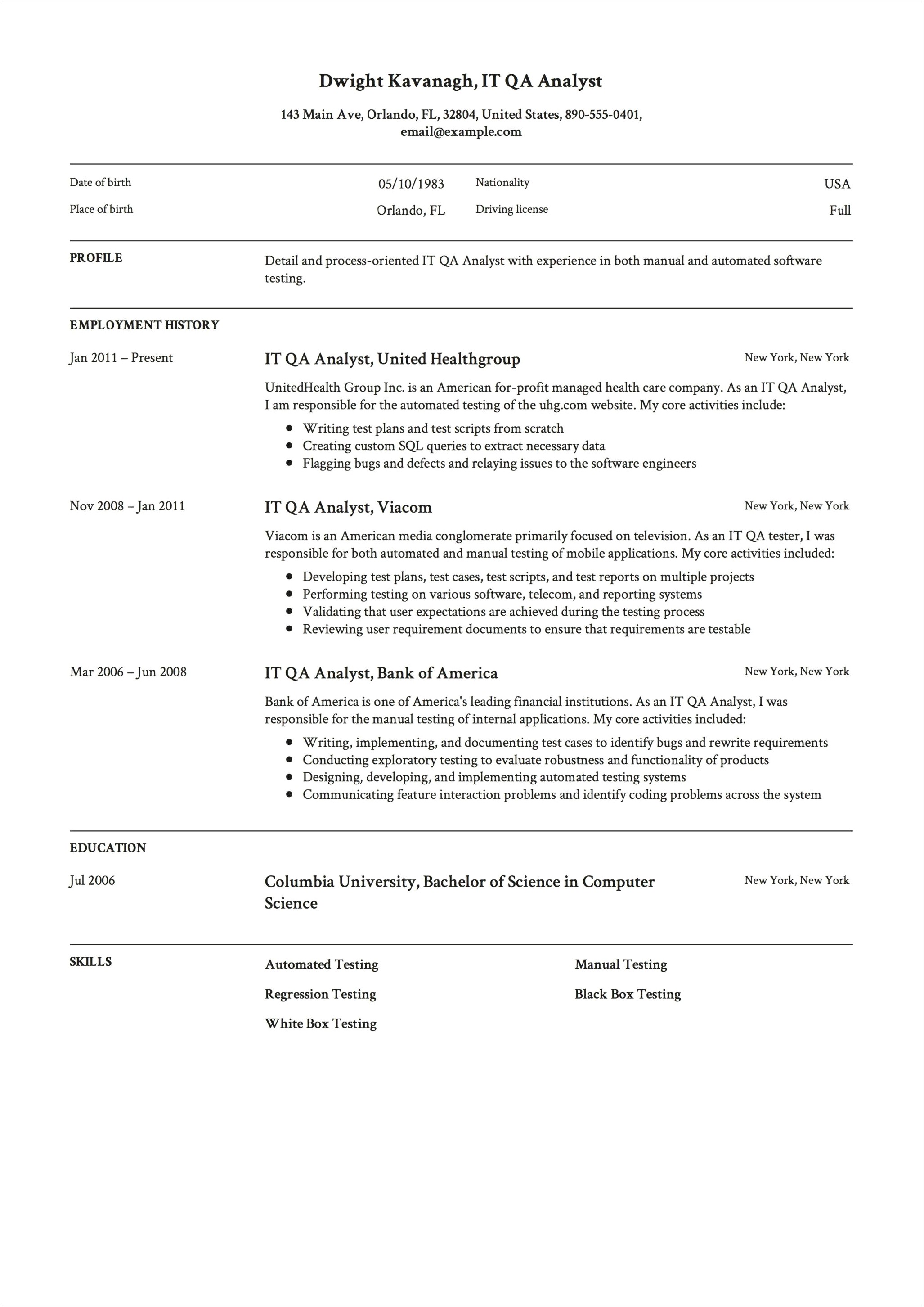 Sample Test Analyst Resume With Retail Experience