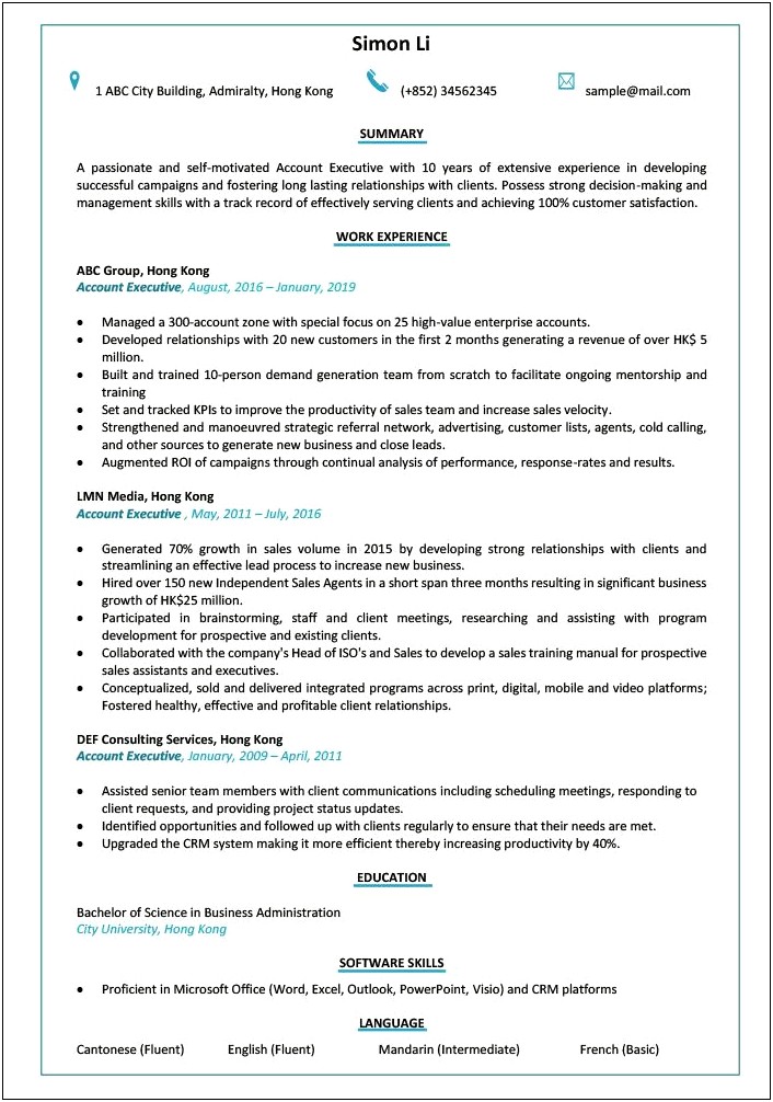 Sample Tracking Resume For Account Executive