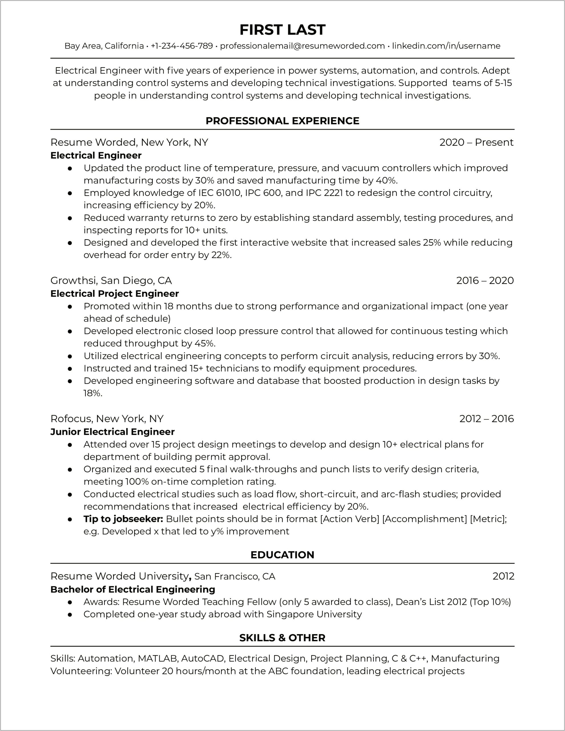 Sample Us Electrical Engineer Applicant Resumes