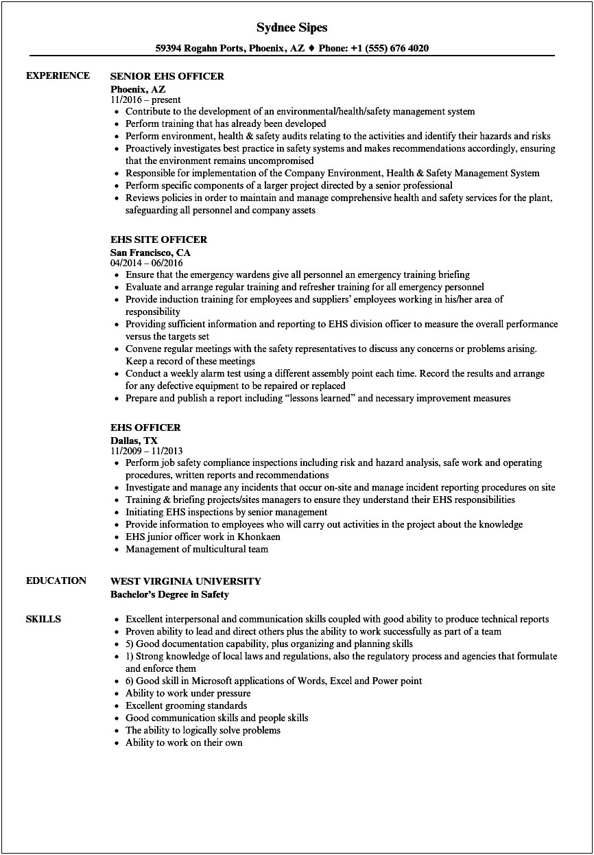 Samples Eh&s Corporate Manager Resume