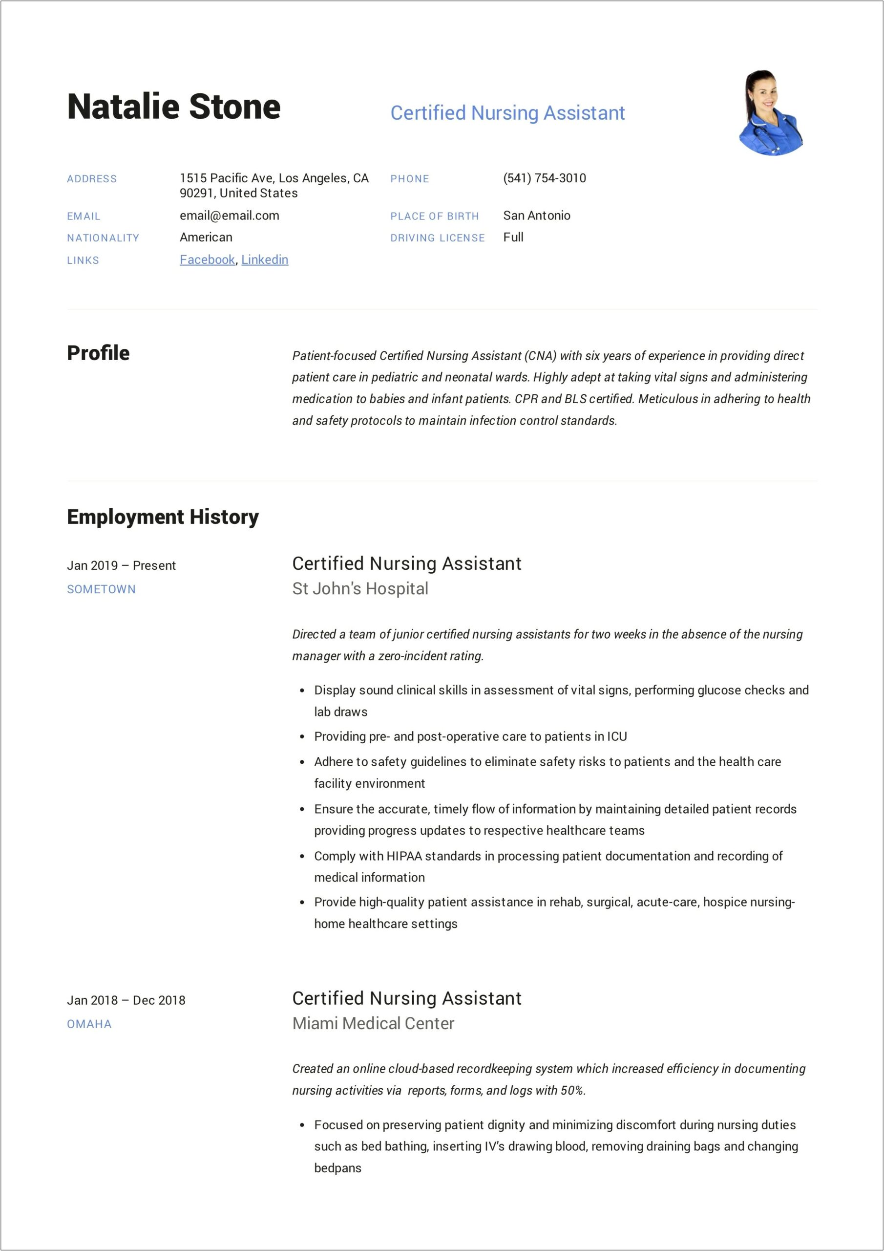 Samples Of Cna Resumes With License Number