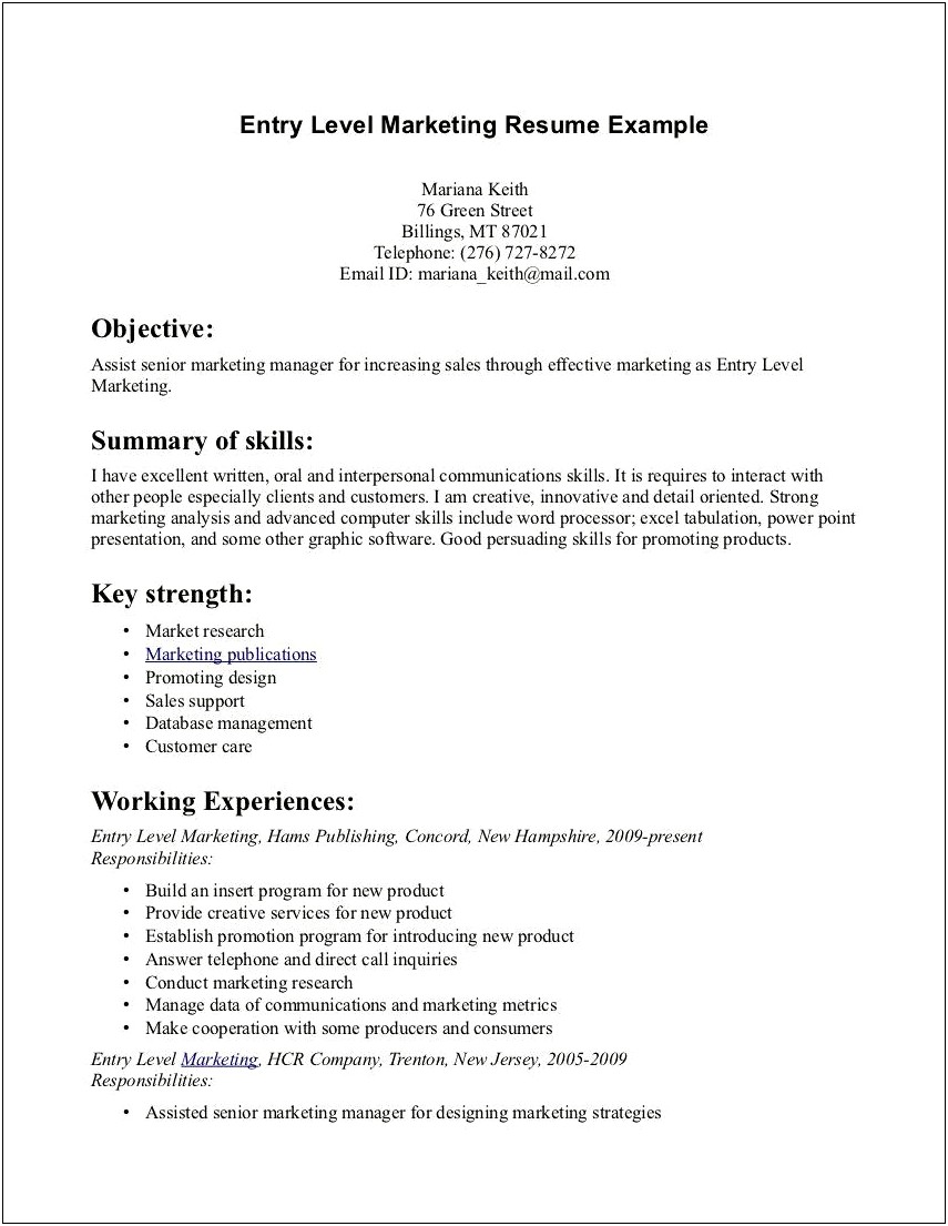Samples Of Entry Level Marketing Resumes