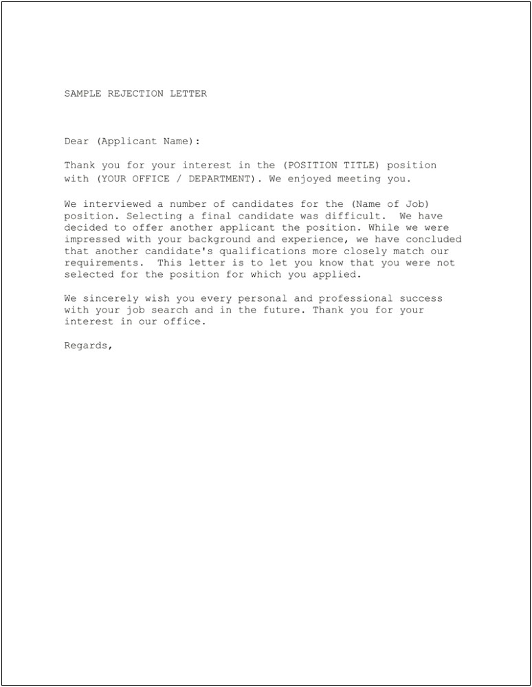 Samples Of Good Application Resume Rejection Letters