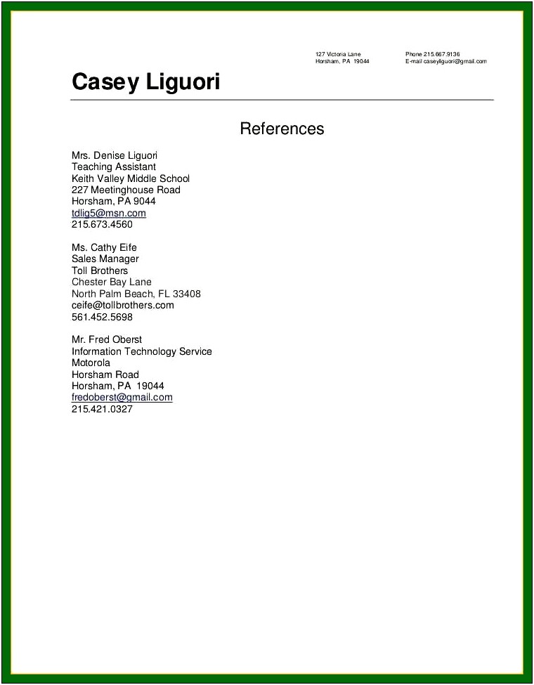 Samples Of Reference List For Resume