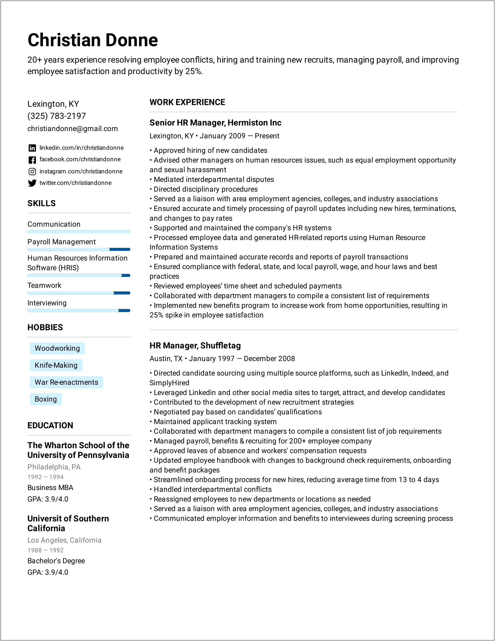 Samples Of Resumes For Hr Professionals