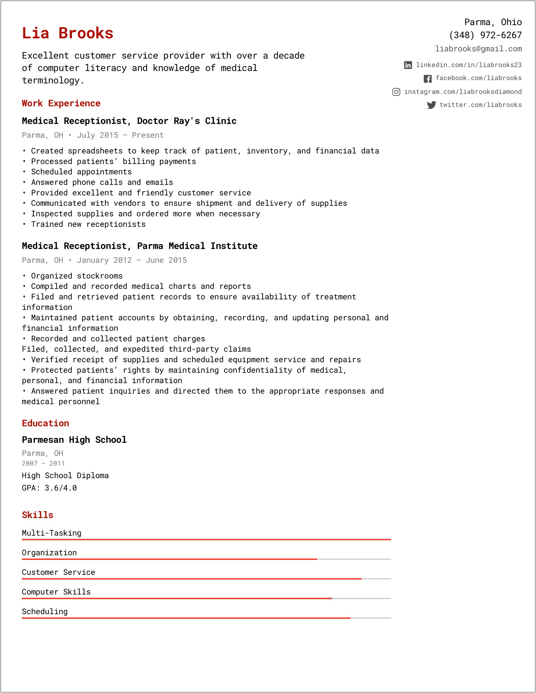 Samples Of Resumes For Receptionist Position