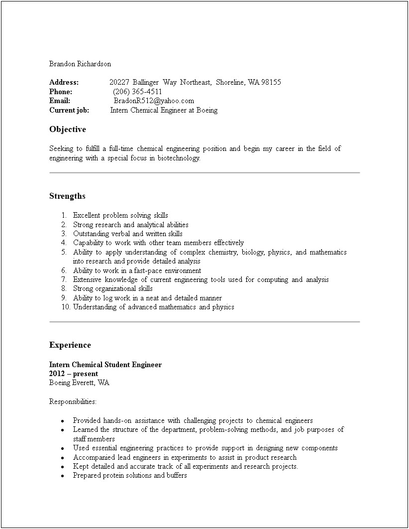 Samples Of Student Internship Resumes For Engineering Students