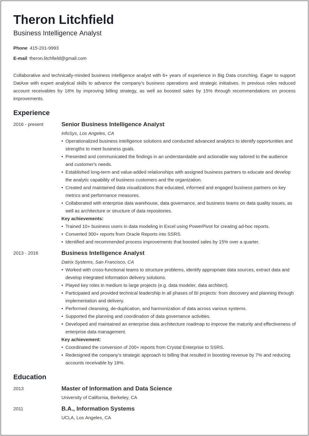 Sap Bi Resumes With 3 Years Experience