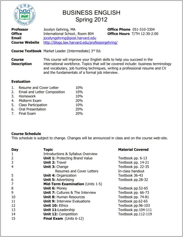 Scheduling Of Classes Description In Resume