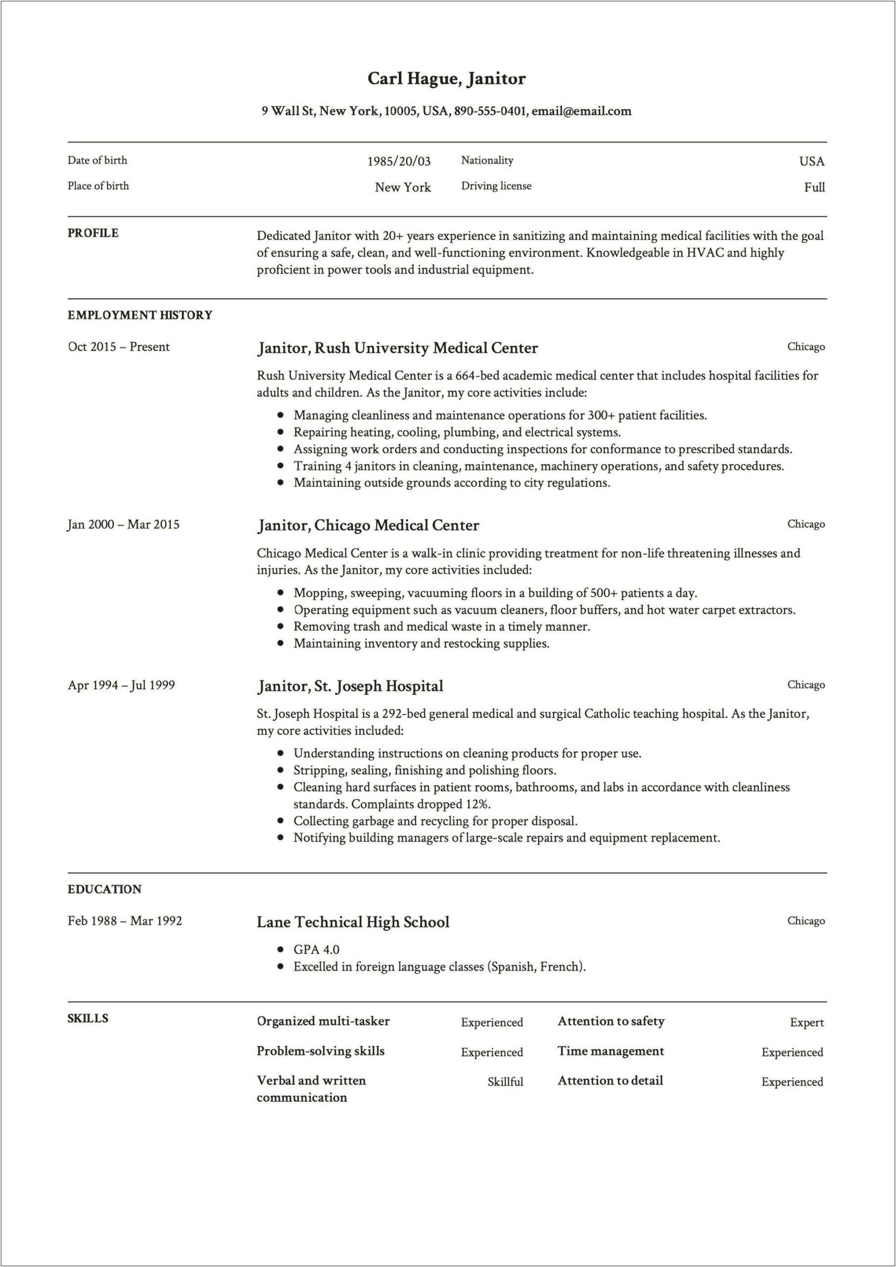 School Custodian Duties And Responsibilities Resume