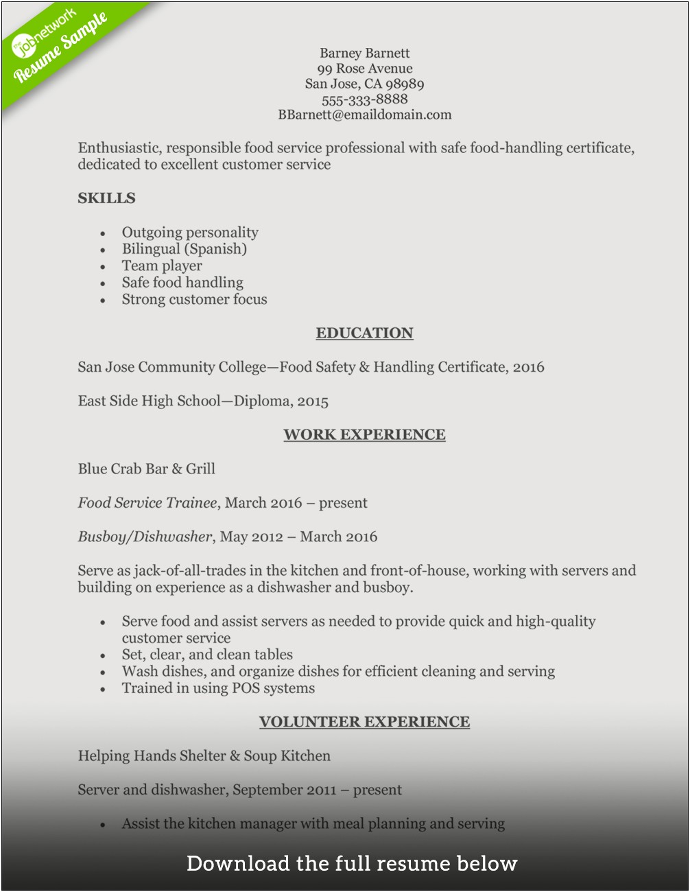 School Kitchen Manager Job Description Resume