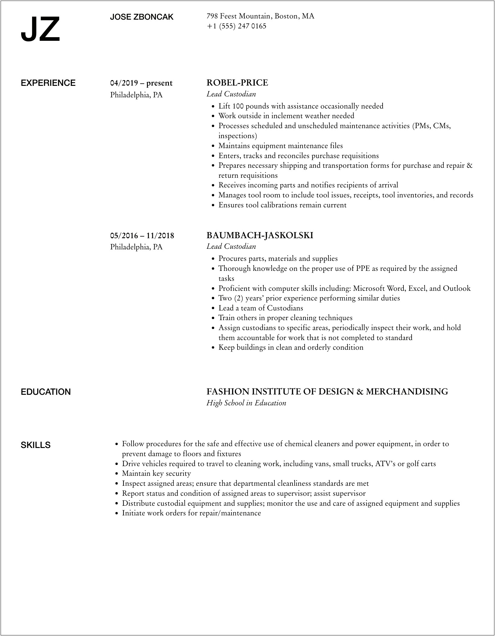 School Lead Custodian Resume Summary Of Skills