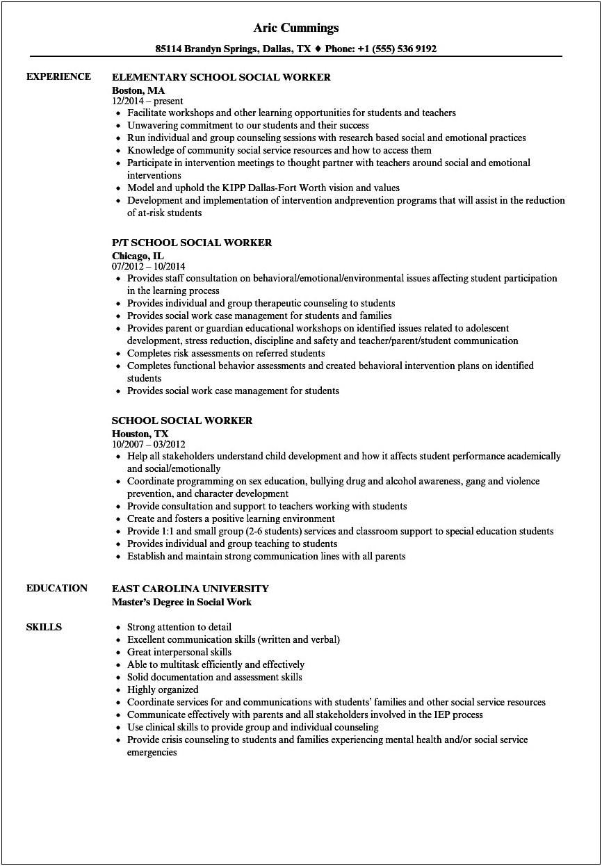 School Social Work Job Description On Resume