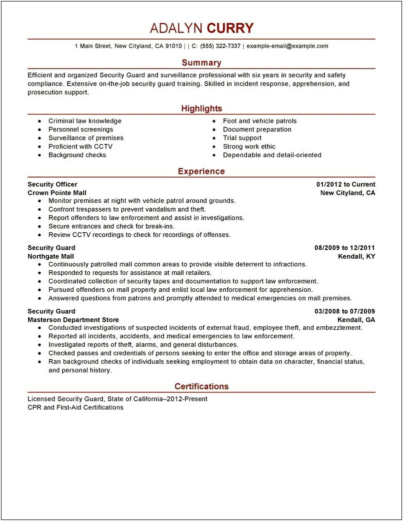Security Guard Manager Objective For Resume