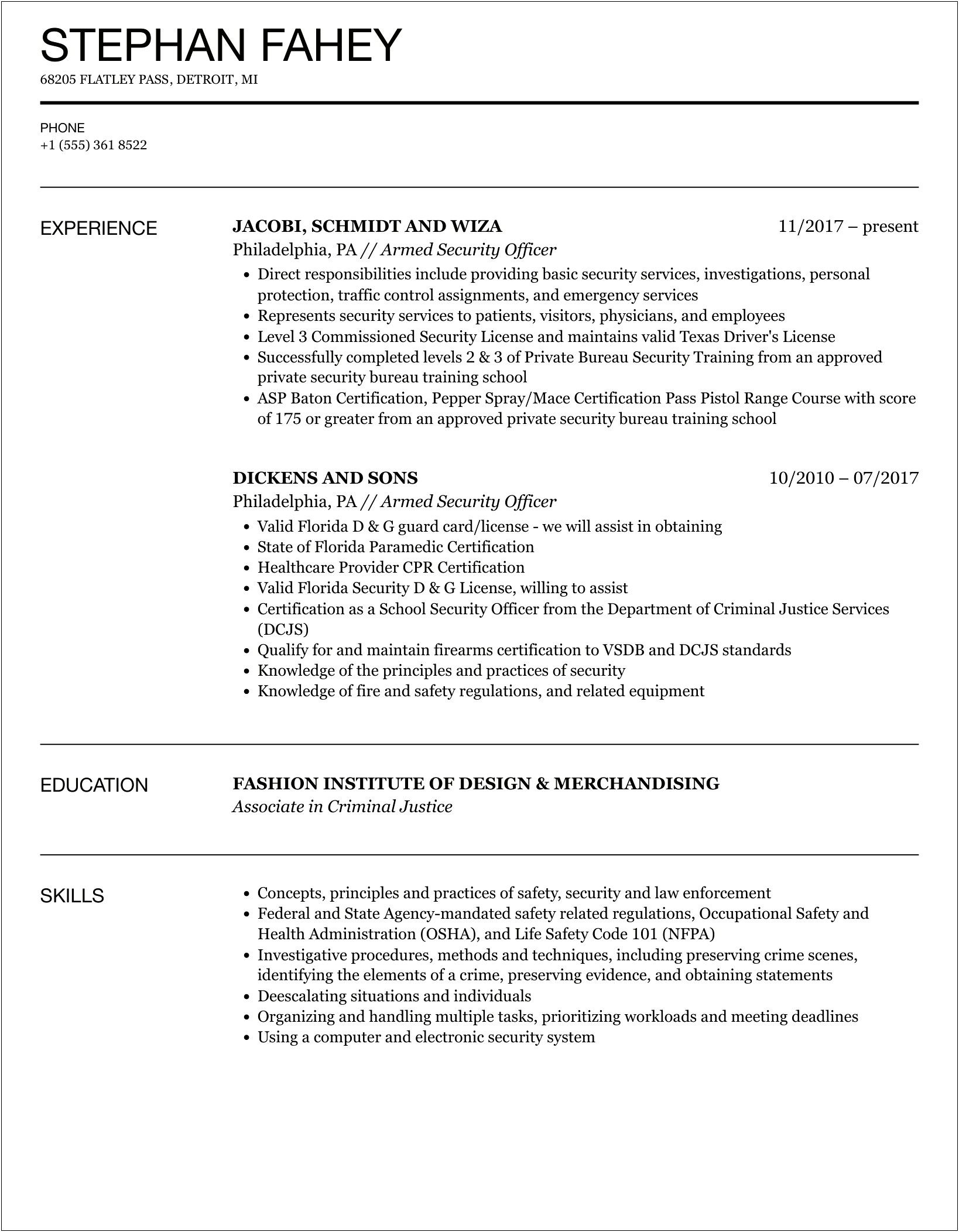 Security Guard Skills And Qualities Resume