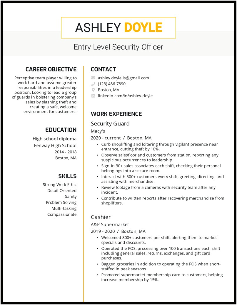 Security Guard With No Experience Resume