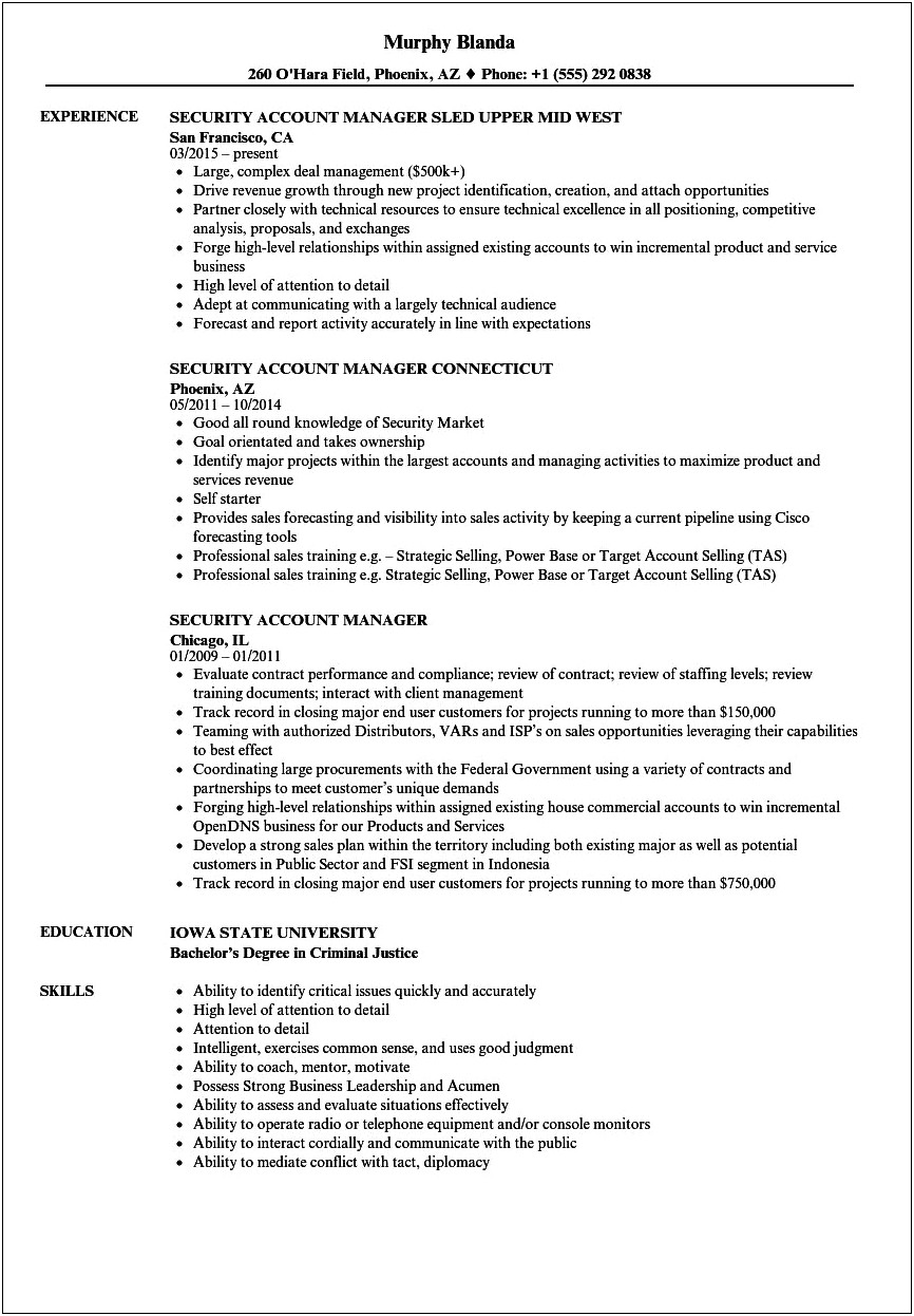 Security Manager Resume With Demonstrated Results