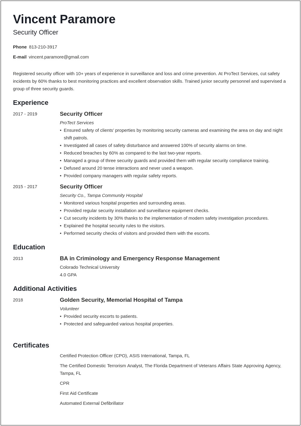 Security Officer Lead Objective For Resume