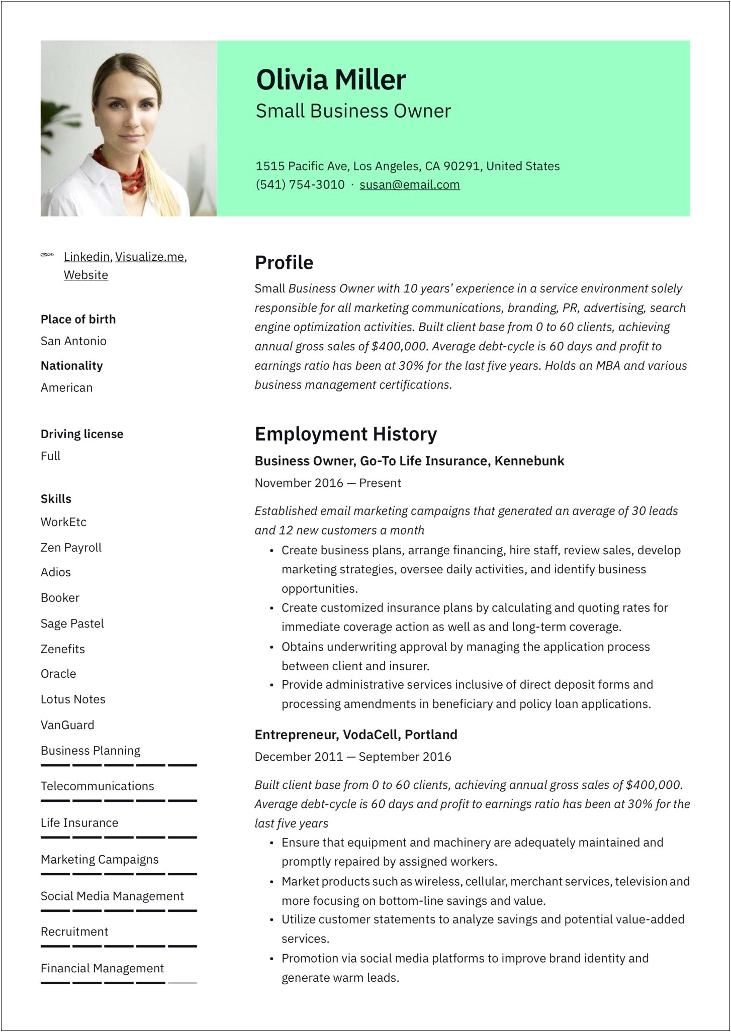 Self Employed Resume Sample Cottage Industry Business Owner