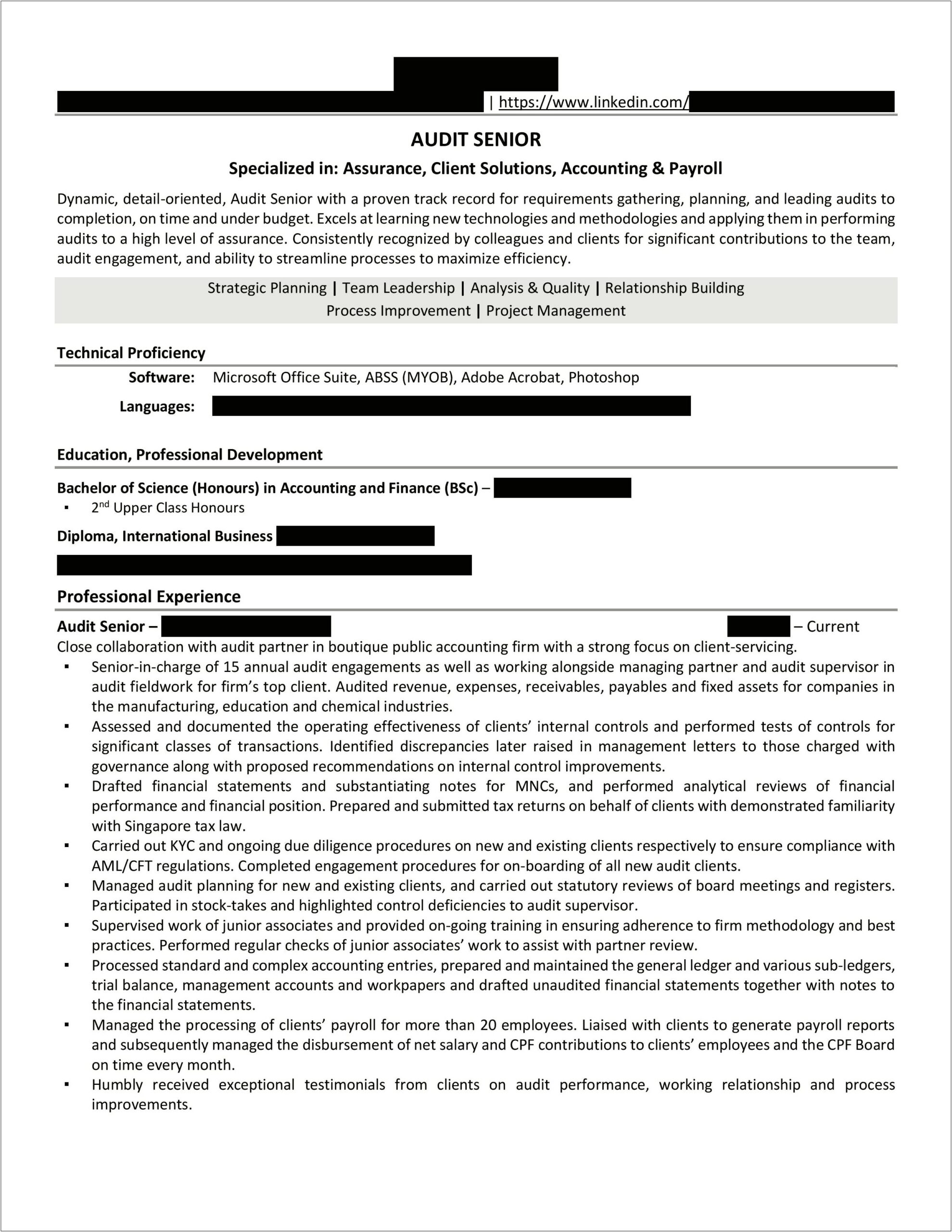 Senior Audit Associate Resume Sample Big4