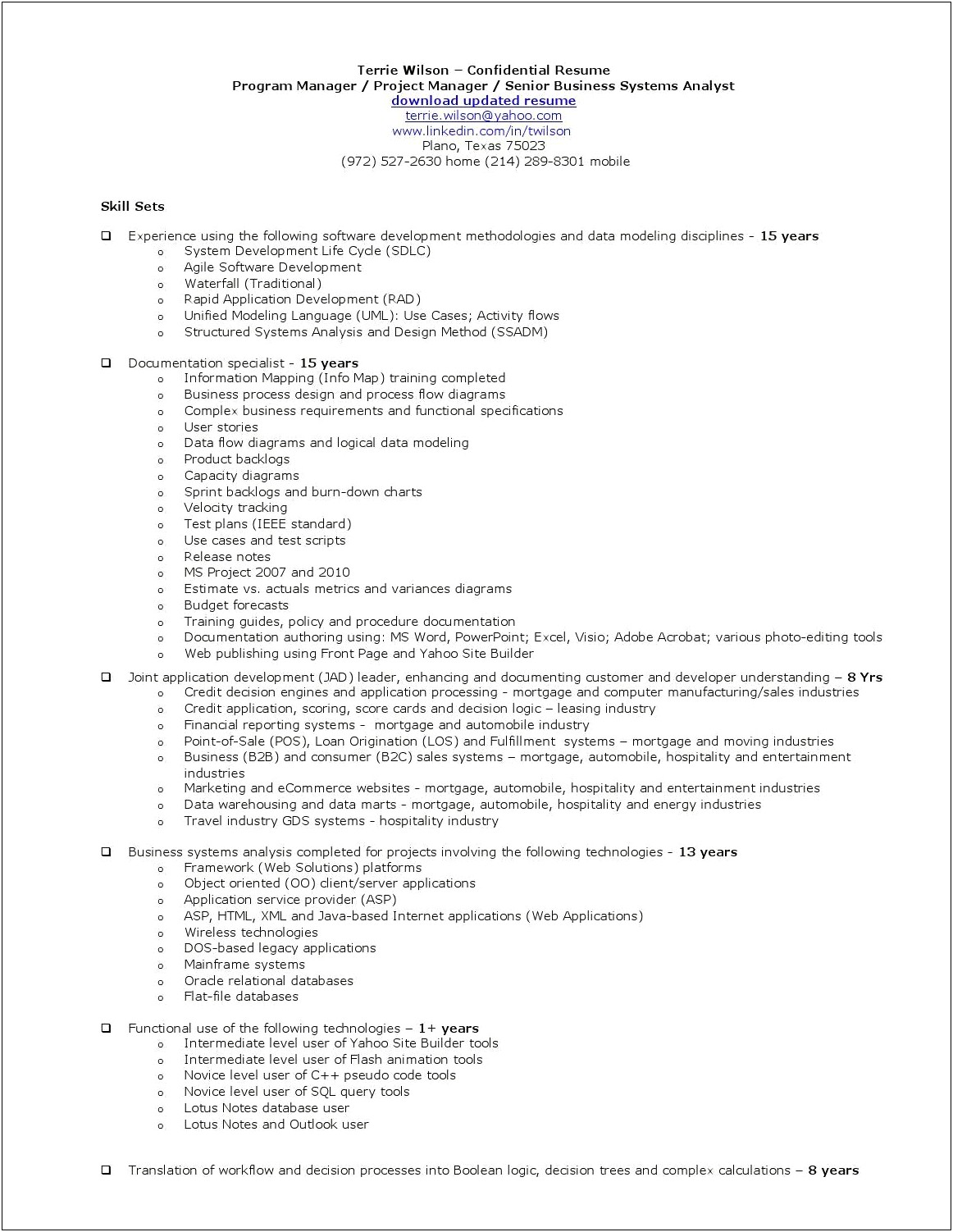 Senior Business Analyst Project Manager Resume